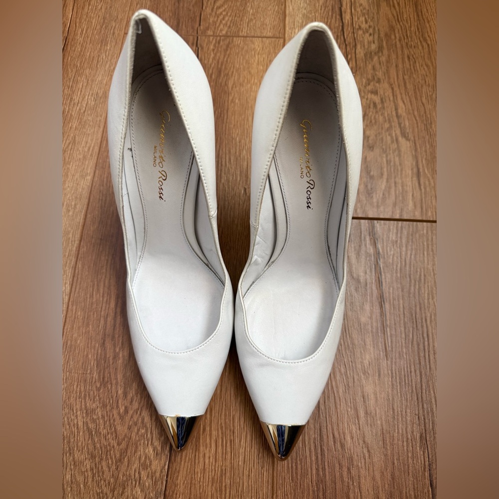 Milano White Leather Pointed Toe Pumps with Silver Cap